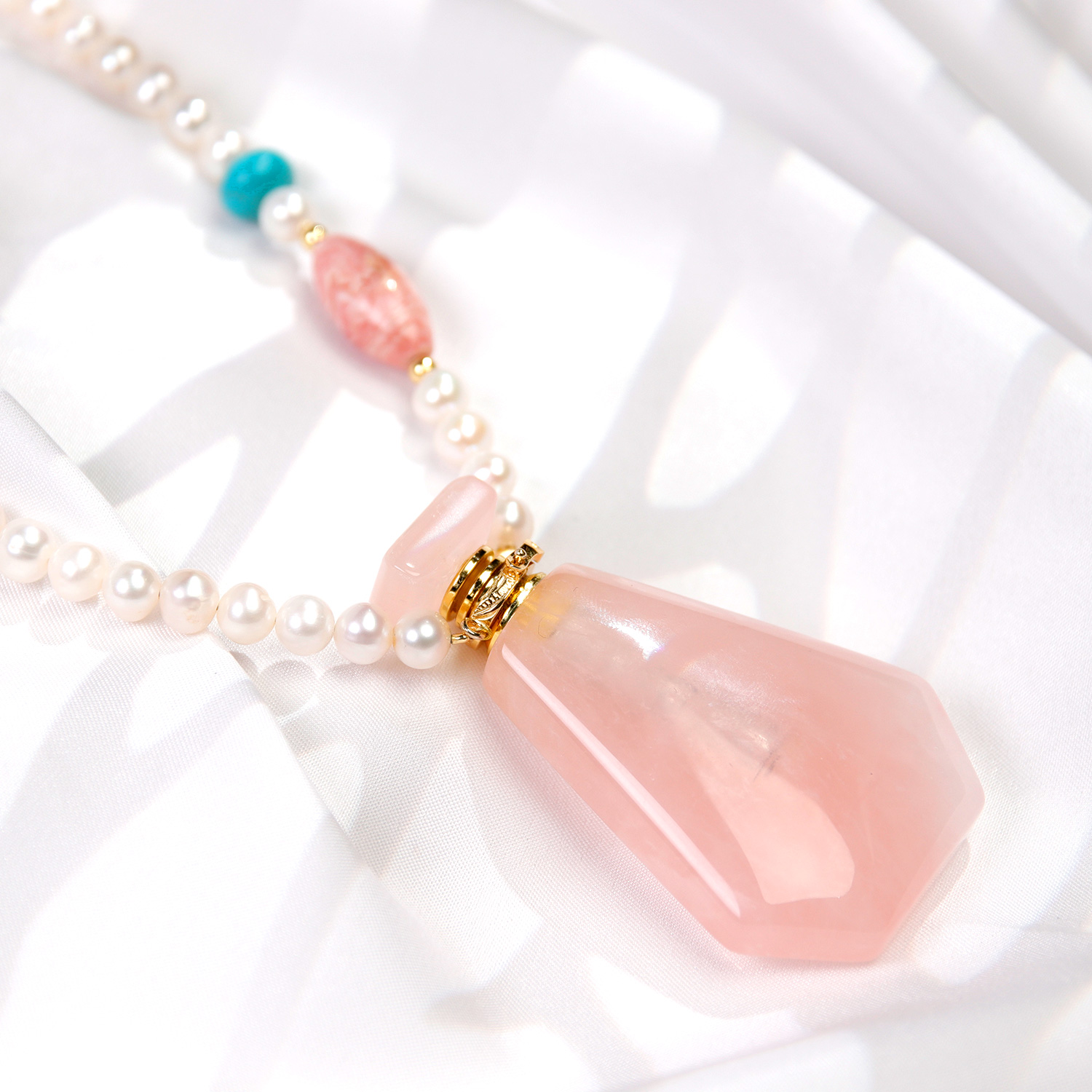 Second image of Rose Quartz Essential Oil Bottle Pendant | Fire Element Necklace corresponds Sweet Orange Oil